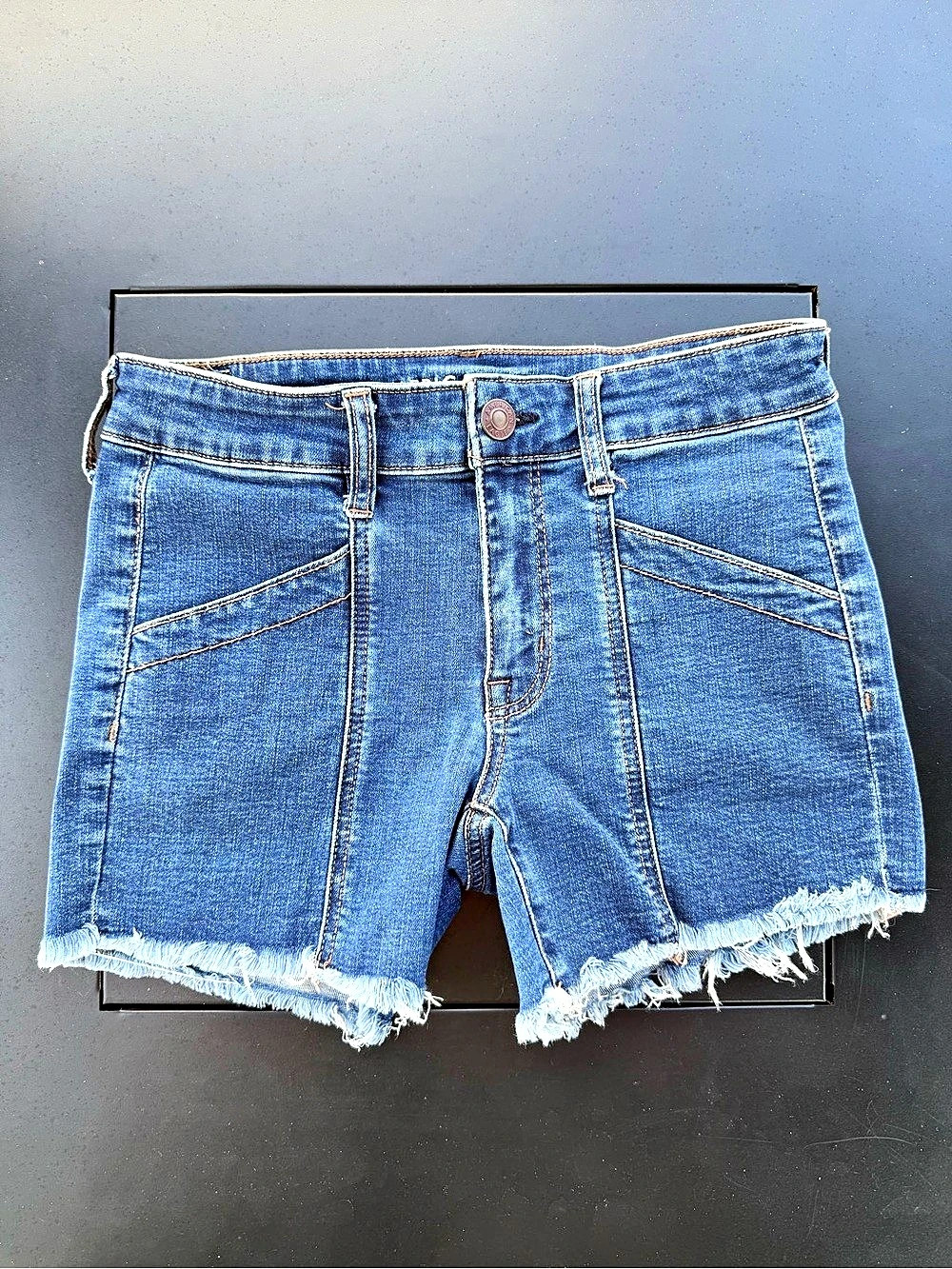 American Eagle Mid Rise Super Stretch Frayed Denim Shorts Blue 6